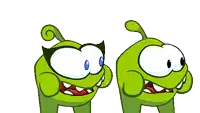 a couple of green cartoon characters standing next to each other with their mouths open