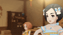 a girl with a flower in her hair stands in a room