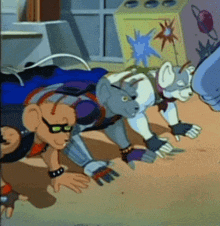 a group of cartoon characters crawling on the ground
