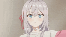 a girl with white hair and blue eyes has the word cici core on the bottom