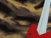 a cartoon drawing of a red origami bird with a sword