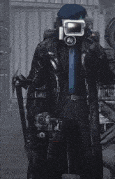 a man wearing a gas mask and a black coat