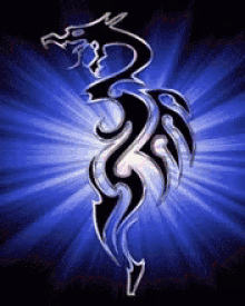 a black and white tribal dragon on a blue background .