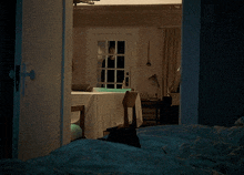 a person standing in a doorway in a bedroom