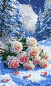 a bouquet of pink and white roses in the snow with trees in the background