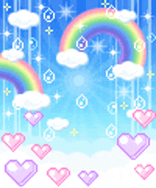 a pixel art image of a rainbow and hearts