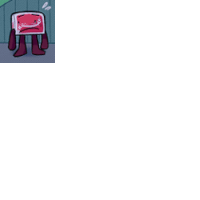 a cartoon character with a sad face is standing next to a black square with a white background .
