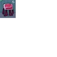 a cartoon character with a sad face is standing next to a black square with a white background .