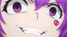 a cartoon character with purple hair and a skull on her cheek