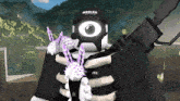 a roblox character is holding a purple flower