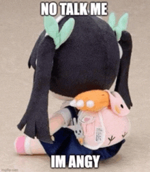 a stuffed doll with pigtails is sitting on the floor with a backpack on her back .