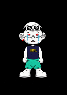 a cartoon character is crying and wearing a shirt that says " zhot "