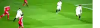 a group of soccer players are playing on a soccer field