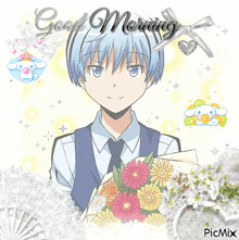 a picture of a boy holding a bouquet of flowers with the words good morning