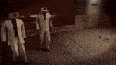 two men in suits with cameras on their heads are walking down a hallway