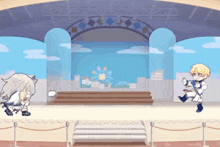 two anime characters are dancing on a stage with a ferris wheel in the background .