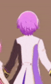 a cartoon character with purple hair and blue eyes is holding hands with another character .