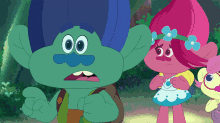 a group of trolls standing next to each other with one of them wearing glasses