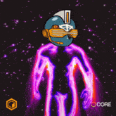 a cartoon drawing of a man with a helmet on his head and the word core in the corner