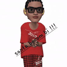 a cartoon character wearing a red shirt and plaid pants says santa borrom bi
