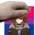 a hand is holding a picture of a girl with glasses and a bisexual flag behind her .