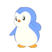 a blue and white penguin with a yellow beak is standing on a white background