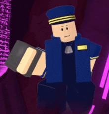 a cartoon character in a blue uniform is holding a black object in his hand
