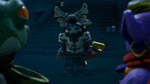 a group of lego figures are standing in a dark room including a samurai