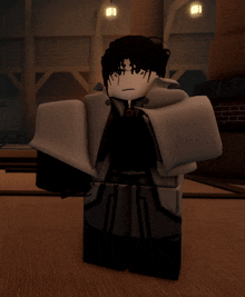 a cartoon character with black hair and a white cape