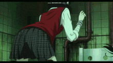 a girl in a school uniform is standing next to a wall with blood coming out of it ..
