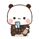 a cartoon panda bear is holding a cell phone in his mouth .
