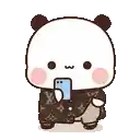 a cartoon panda bear is holding a cell phone in his mouth .