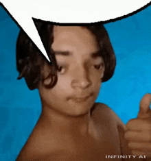 a shirtless young man giving a thumbs up with a speech bubble above his head