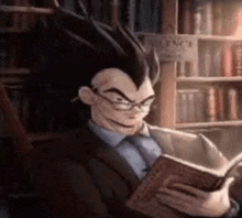 a man in a suit and tie is reading a book in a library while wearing glasses .