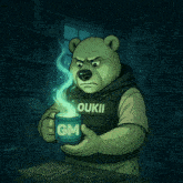 a cartoon of a bear holding a cup with gm on it