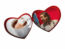 a heart shaped box with a picture of a man and a cup of coffee inside