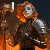 a woman with red hair is holding an axe