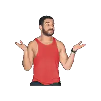 a man in a red tank top has his hands outstretched