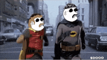 a cartoon of robin and batman walking down the street