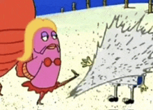 a cartoon character is holding a piece of paper that says ' a ' on it