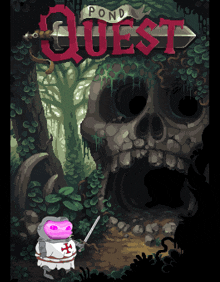 a pixel art of a knight holding a sword in front of a skull and the word quest