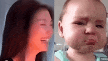 a woman is laughing and a baby is crying .