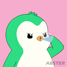 a cartoon of a penguin drinking from a glass with abster written below it