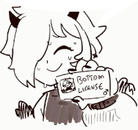 a black and white drawing of a person holding a sign that says bottom license