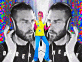 a man wearing headphones and a woman wearing a yellow shirt that says derek merry