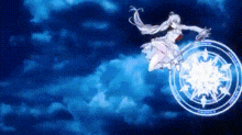 a white haired anime girl is flying through a blue circle .