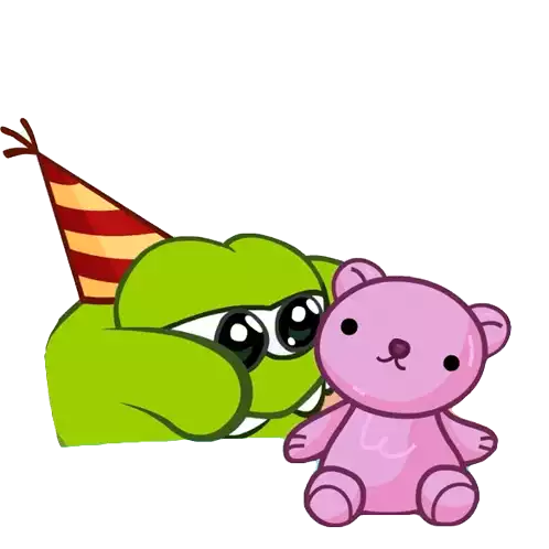 a cartoon frog wearing a party hat and sunglasses holds a pink teddy bear