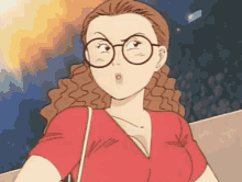 a cartoon woman wearing glasses and a red shirt looks surprised
