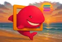 a painting of a red whale on the beach with a sunset in the background