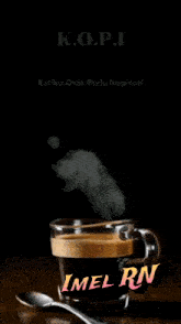 a cup of coffee with smoke coming out of it and the words k.o.p.i on the bottom